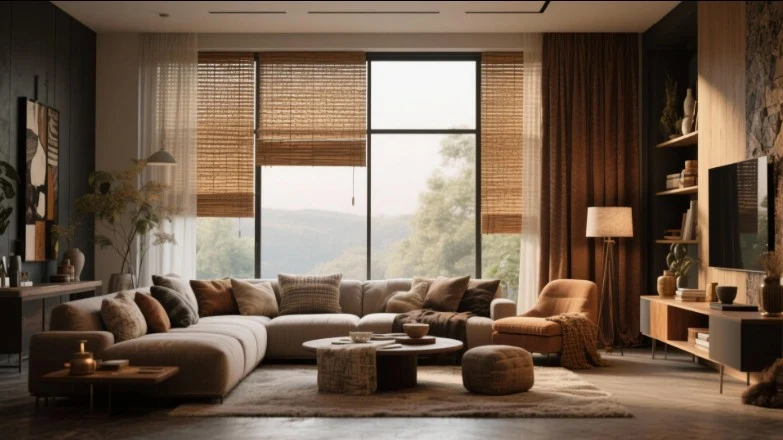 Living room with bamboo woven blinds