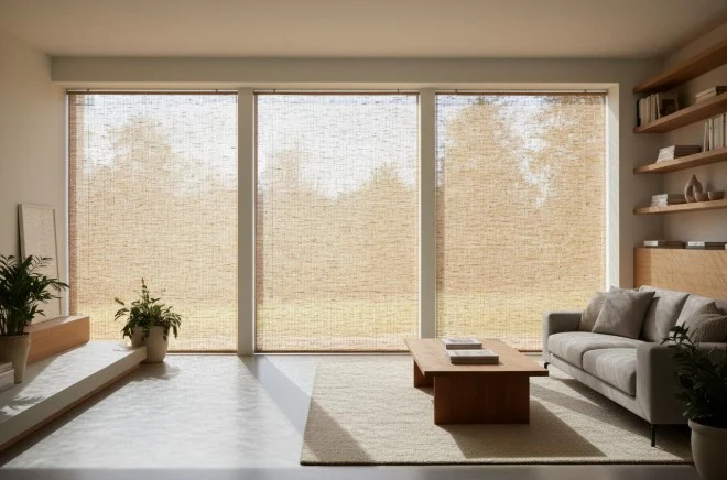 Minimalist living room with natural woven shades