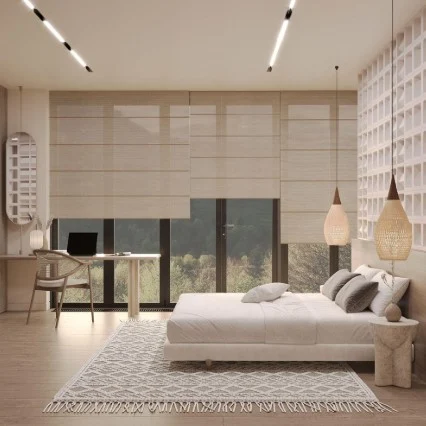 Bedroom with woven roman blinds
